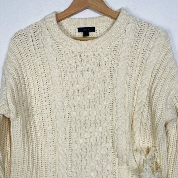 JCREW Cream Oversize Wool Blend Cable knit Fringe Asymmetrical Sweater Size: XS - Picture 5 of 13